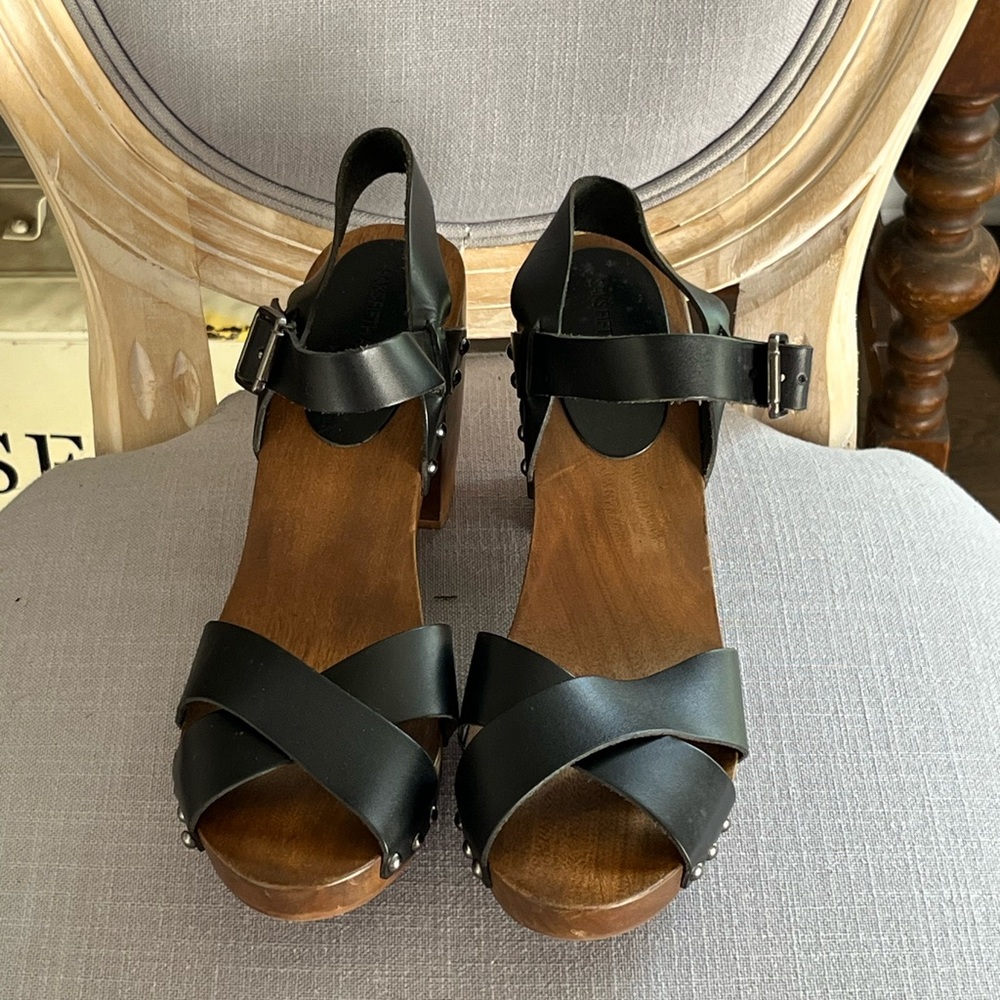 New!!!! Saks fifth avenue black Leather wooden Women's Sandals size 9.5 New wot - Picture 2 of 4
